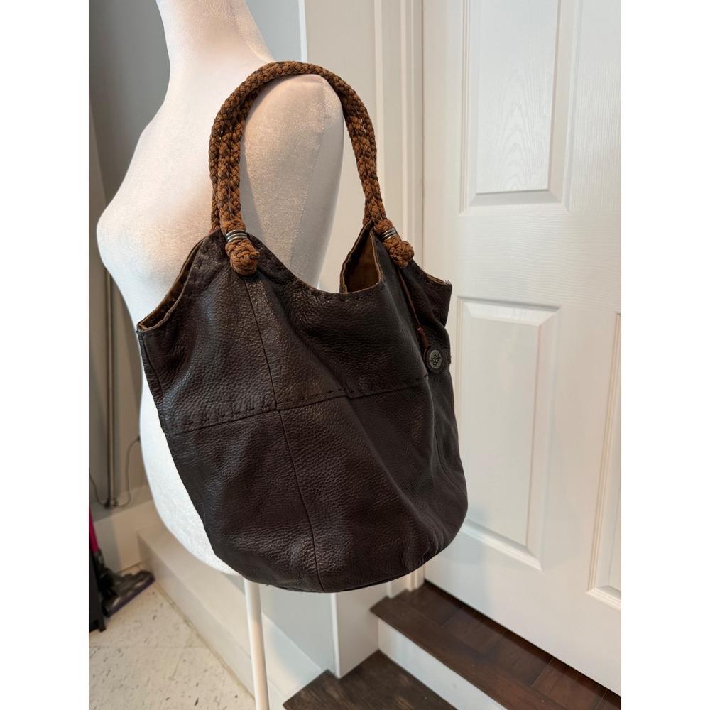 The Sak Dark Brown Pebbled Leather Hobo Bag Braided Strap Slouchy Bucket Tote - Picture 8 of 16